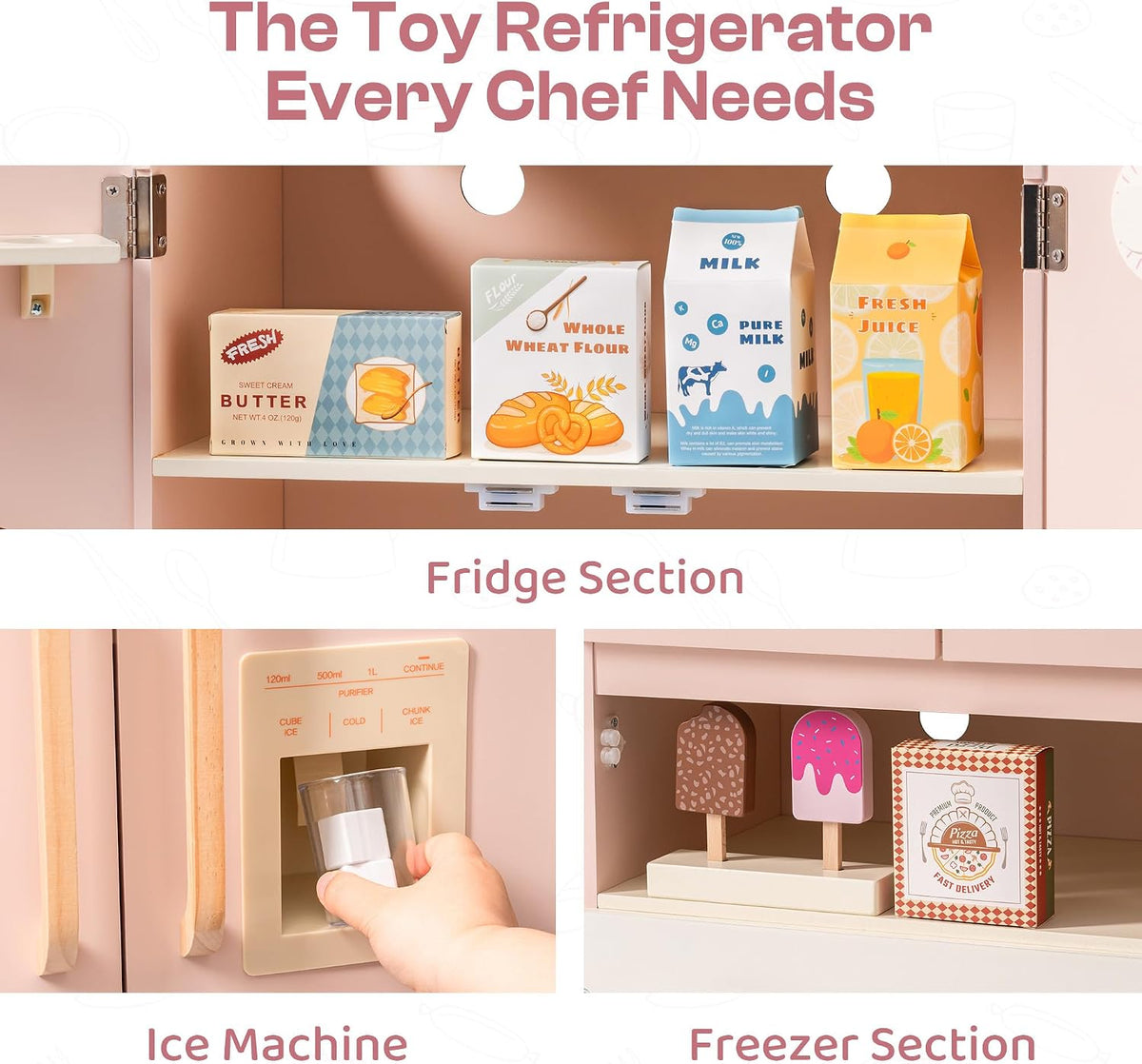 ROBOTIME Wooden Play Kitchen Fridge for Toddlers, Pink,18in × 36in
