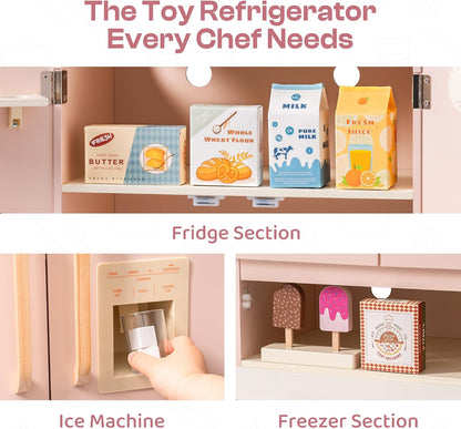 ROBOTIME Wooden Play Kitchen Fridge for Toddlers, Pink,18in × 36in