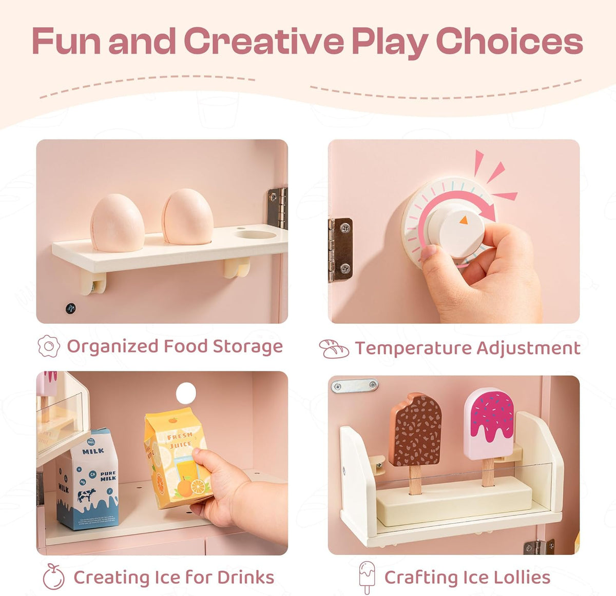 ROBOTIME Wooden Play Kitchen Fridge for Toddlers, Pink,18in × 36in