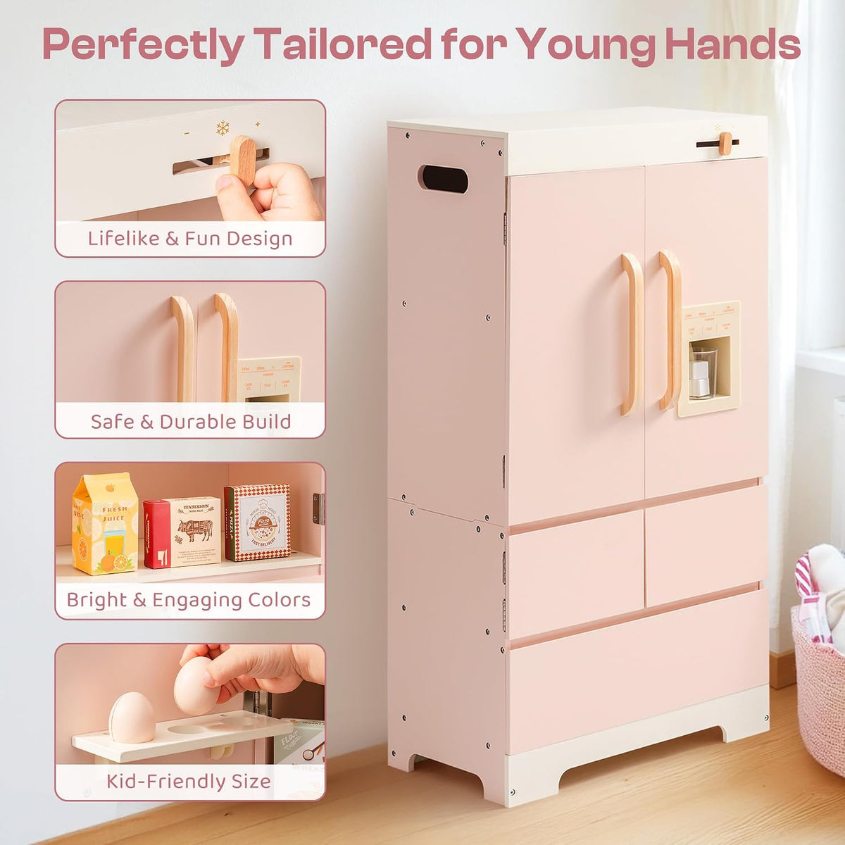 ROBOTIME Wooden Play Kitchen Fridge for Toddlers, Pink,18in × 36in