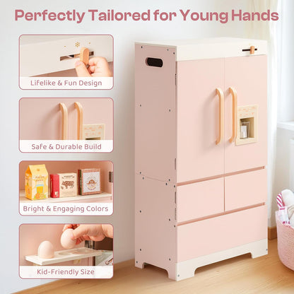 ROBOTIME Wooden Play Kitchen Fridge for Toddlers, Pink,18in × 36in