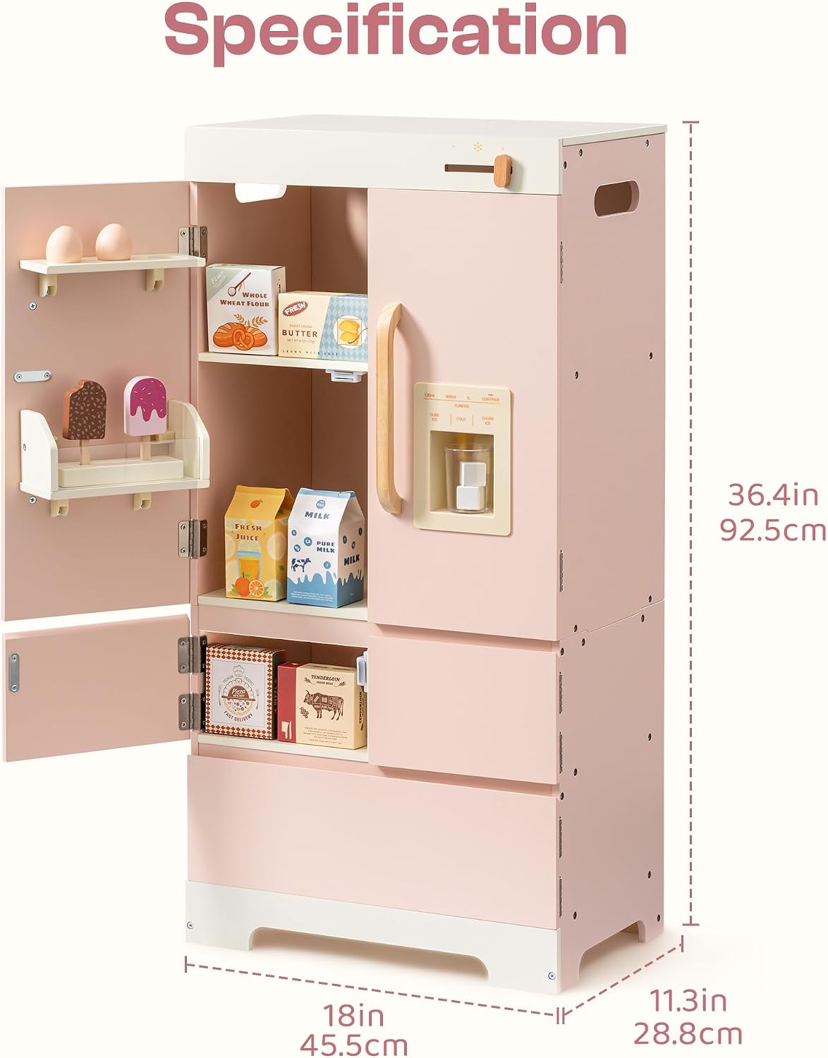 ROBOTIME Wooden Play Kitchen Fridge for Toddlers, Pink,18in × 36in