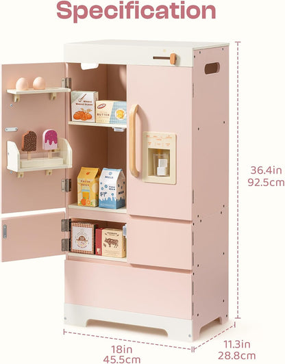 ROBOTIME Wooden Play Kitchen Fridge for Toddlers, Pink,18in × 36in