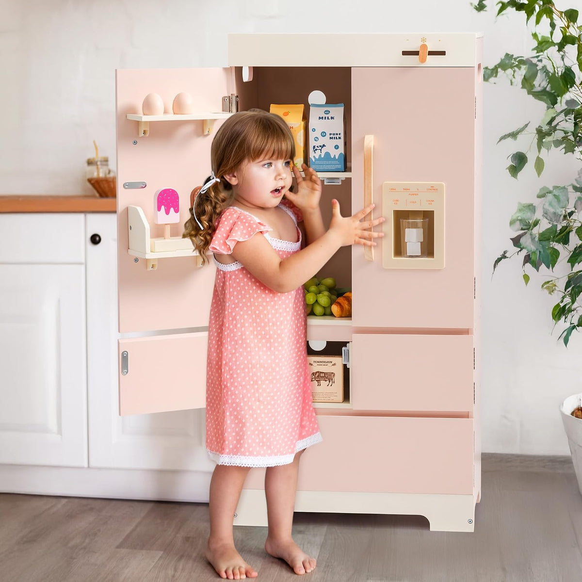 ROBOTIME Wooden Play Kitchen Fridge for Toddlers, Pink,18in × 36in
