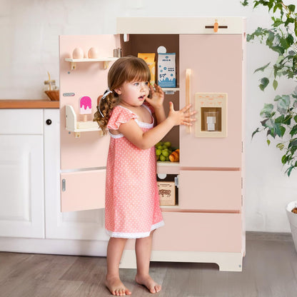 ROBOTIME Wooden Play Kitchen Fridge for Toddlers, Pink,18in × 36in