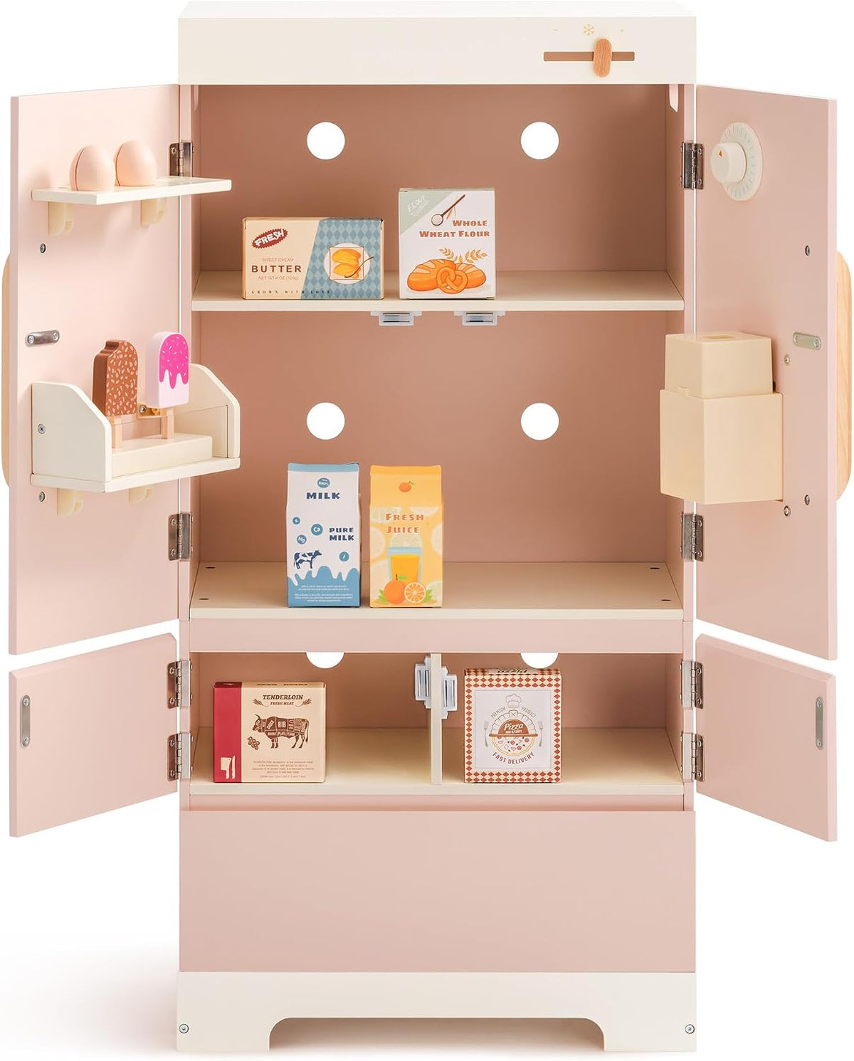 ROBOTIME Wooden Play Kitchen Fridge for Toddlers, Pink,18in × 36in