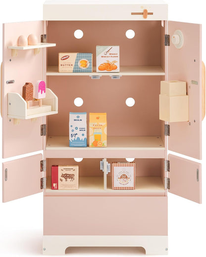 ROBOTIME Wooden Play Kitchen Fridge for Toddlers, Pink,18in × 36in
