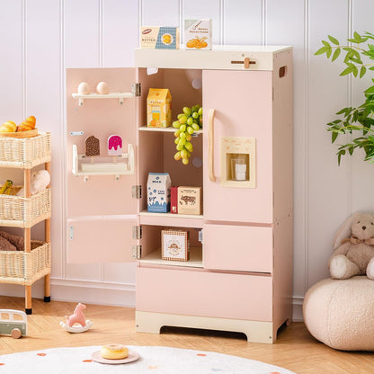 ROBOTIME Wooden Play Kitchen Fridge for Toddlers, Pink,18in × 36in