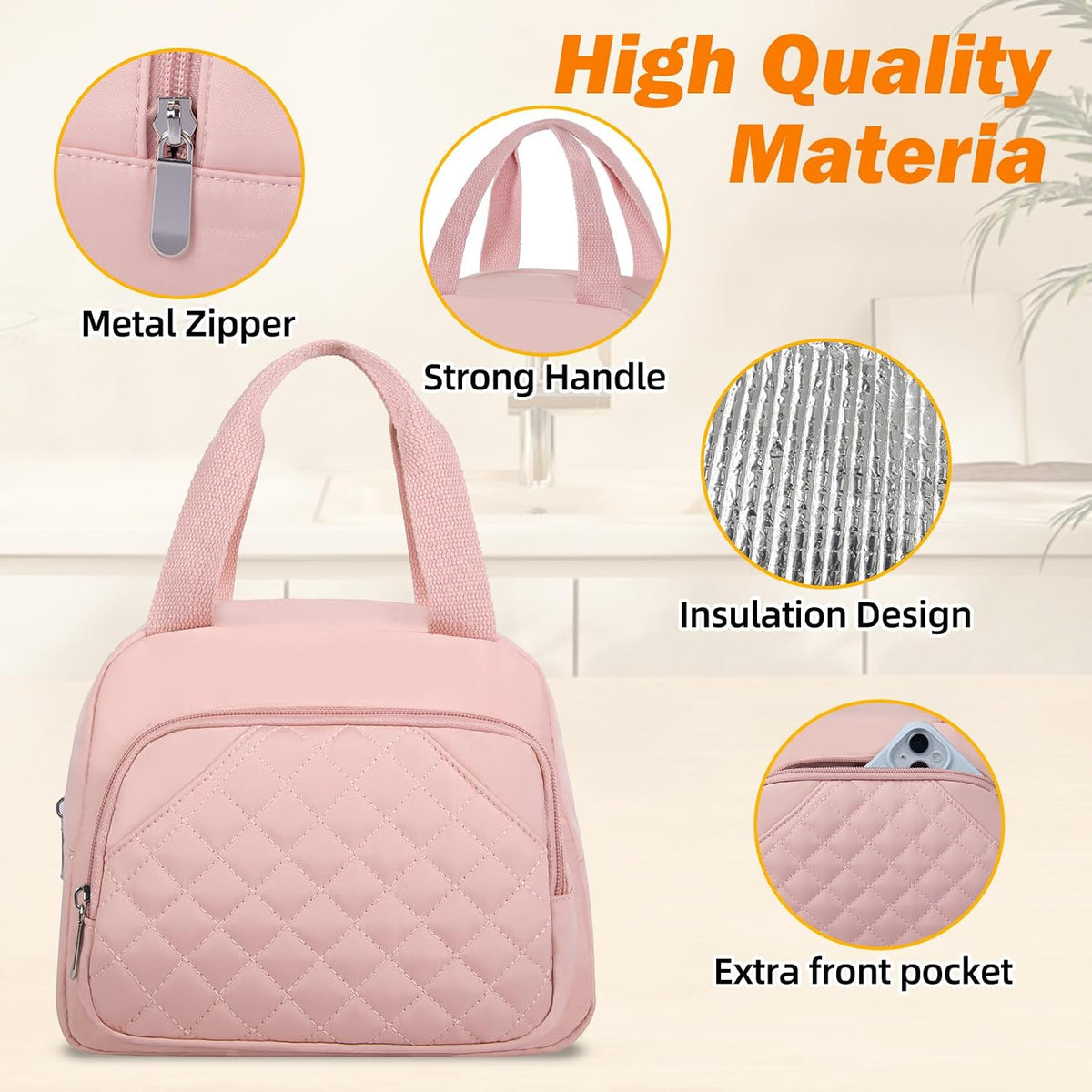 Lunch Bag for Women Men Adults, Reusable Cooler Lunch Tote Bag- Pink
