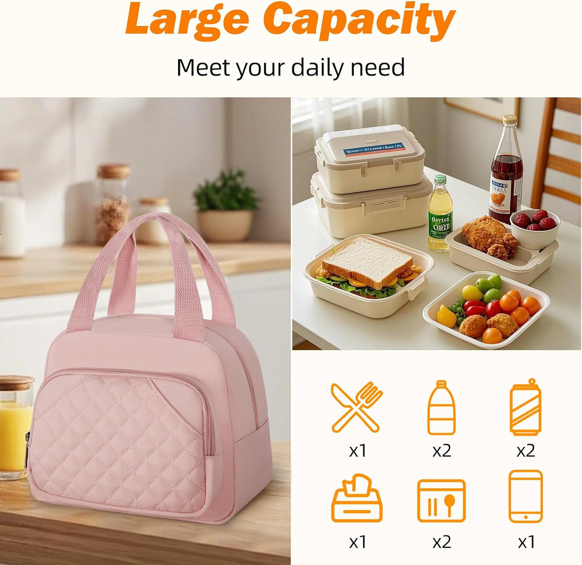 Lunch Bag for Women Men Adults, Reusable Cooler Lunch Tote Bag- Pink