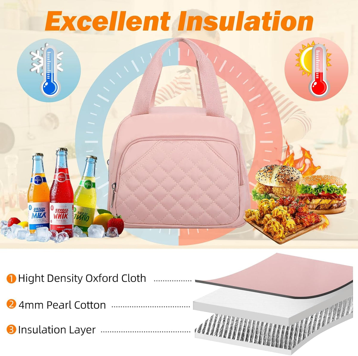 Lunch Bag for Women Men Adults, Reusable Cooler Lunch Tote Bag- Pink
