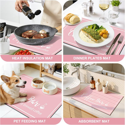 Dish Drying Mat, 12" x 20" Super Absorbent & Hide Stain Coffee Mat, Cuttable Drying Mat for Kitchen Counter, Coffee Bar Accessories, Under Dish Rack, Coffee Maker, Espresso Machine, Pink