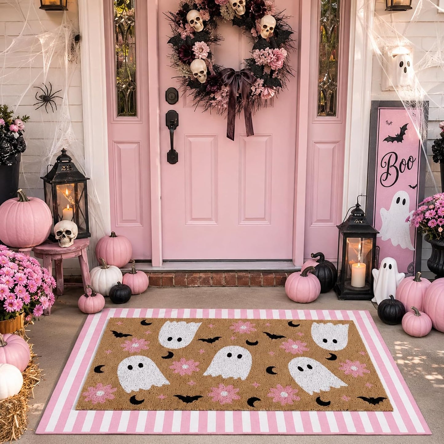 2 Pcs Halloween Pink Ghost Layered Doormat Set