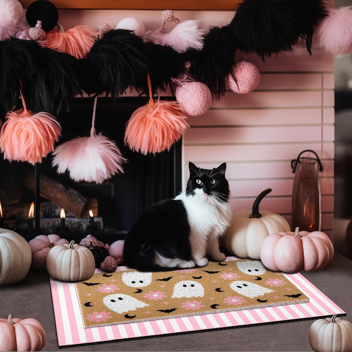 2 Pcs Halloween Pink Ghost Layered Doormat Set