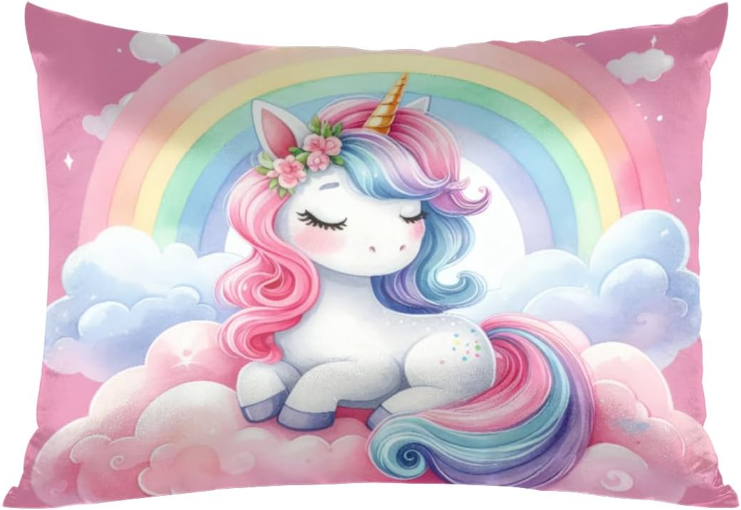 Pink Cute Unicorn Satin Pillowcase for Hair and Skin Queen Size Silp Silk Pillowcase Soft Satin Cooling Pillow Covers with Envelope Closure for Bed Sofa Decorative (20 × 30in 1 pcs)