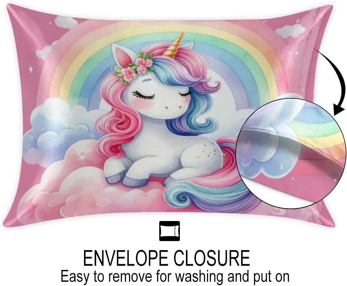 Pink Cute Unicorn Satin Pillowcase for Hair and Skin Queen Size Silp Silk Pillowcase Soft Satin Cooling Pillow Covers with Envelope Closure for Bed Sofa Decorative (20 × 30in 1 pcs)