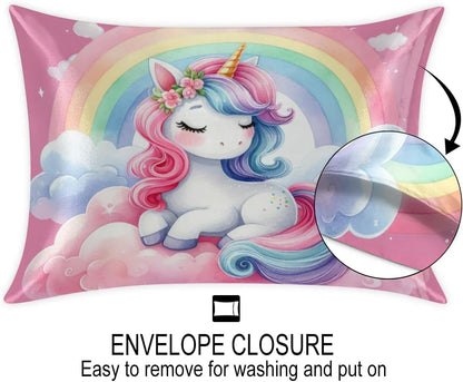 Pink Cute Unicorn Satin Pillowcase for Hair and Skin Queen Size Silp Silk Pillowcase Soft Satin Cooling Pillow Covers with Envelope Closure for Bed Sofa Decorative (20 × 30in 1 pcs)