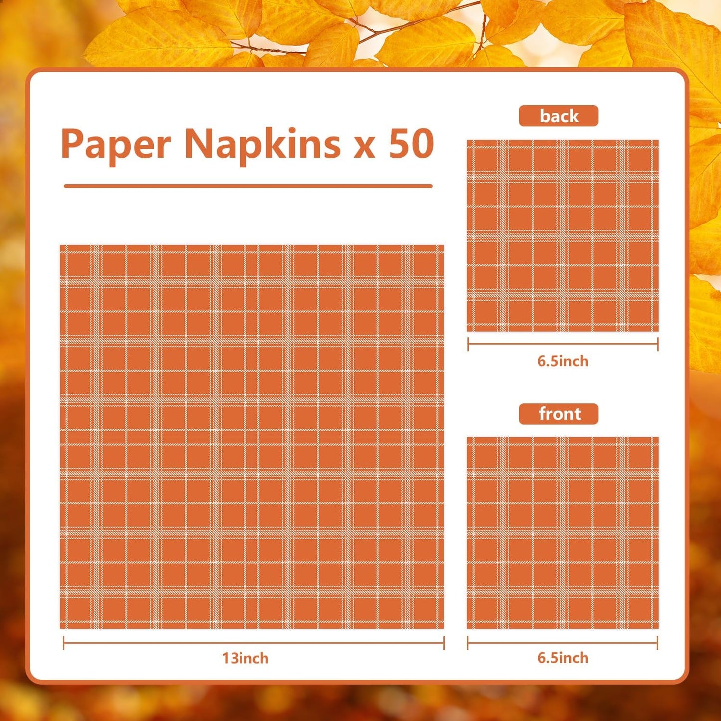 Quera 50 Pack Fall Buffalo Plaid Paper Napkins Orange Autumn Cocktail Napkins Tartan Check Scottish Square Disposable Bar Napkins for Thanksgiving Party, Baby Shower, Celebration Party