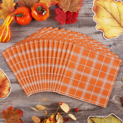 Quera 50 Pack Fall Buffalo Plaid Paper Napkins Orange Autumn Cocktail Napkins Tartan Check Scottish Square Disposable Bar Napkins for Thanksgiving Party, Baby Shower, Celebration Party