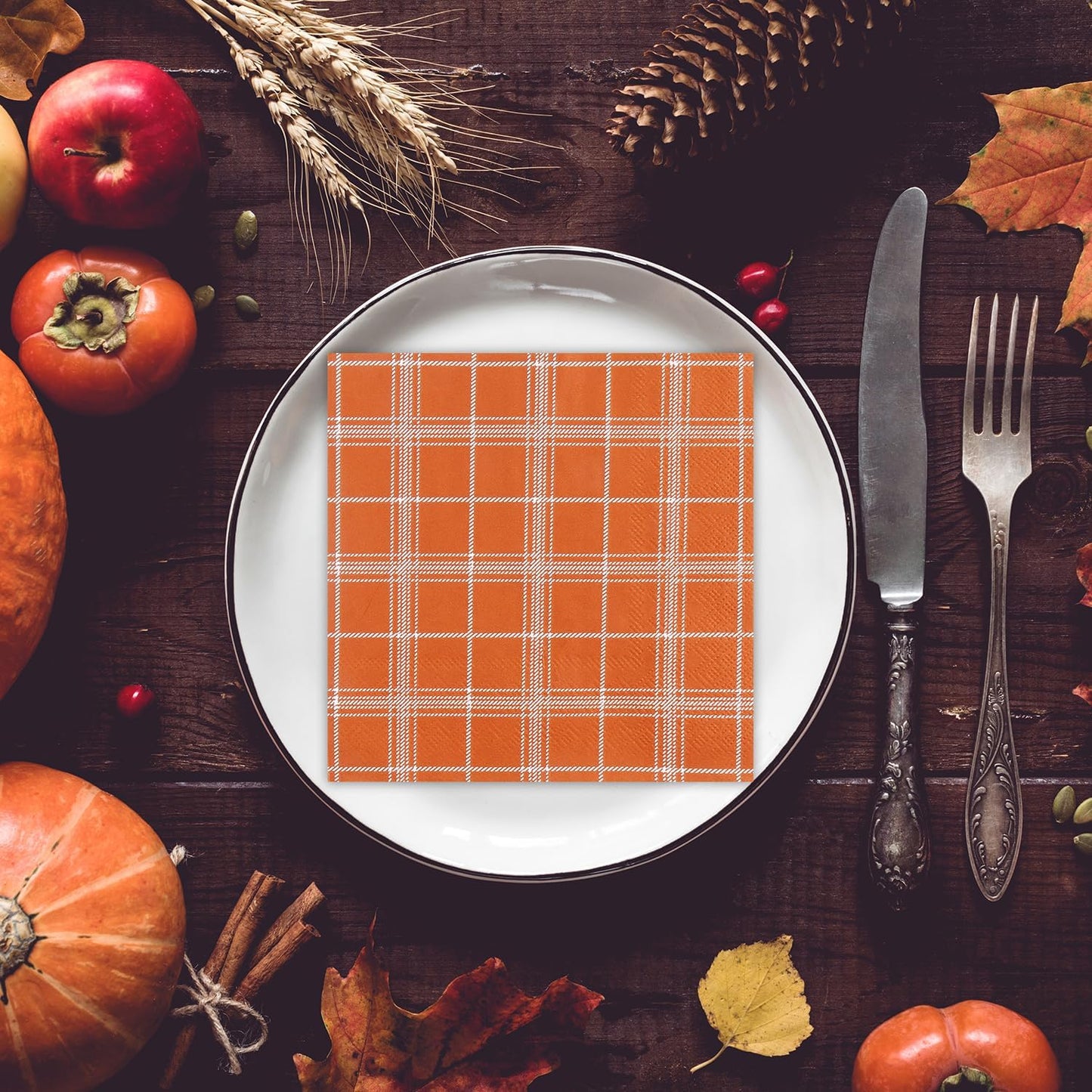 Quera 50 Pack Fall Buffalo Plaid Paper Napkins Orange Autumn Cocktail Napkins Tartan Check Scottish Square Disposable Bar Napkins for Thanksgiving Party, Baby Shower, Celebration Party