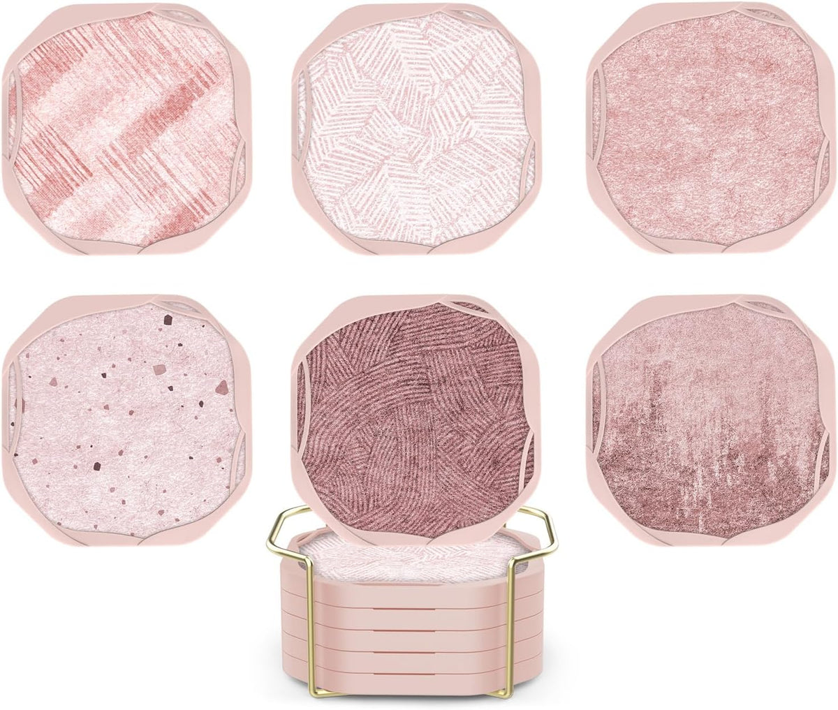 Absorbent Felt & Silicone Coasters Set of 6 with Holder, Blush Pink