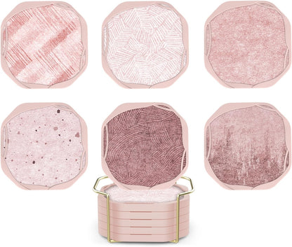 Absorbent Felt & Silicone Coasters Set of 6 with Holder, Blush Pink