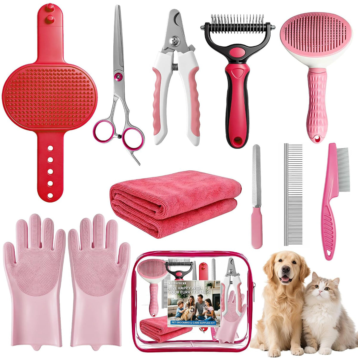 11 Piece Dog Grooming Kit - Hair, Nail, Massage Bath Supplies For Pets Cats