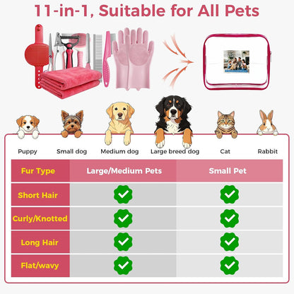 11 Piece Dog Grooming Kit - Hair, Nail, Massage Bath Supplies For Pets Cats