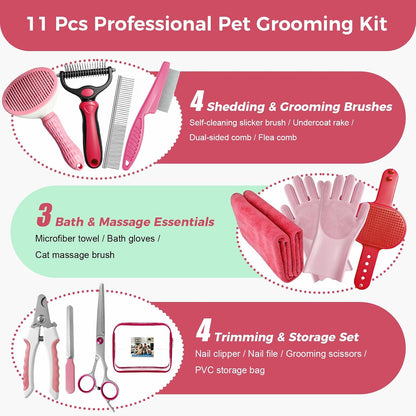11 Piece Dog Grooming Kit - Hair, Nail, Massage Bath Supplies For Pets Cats