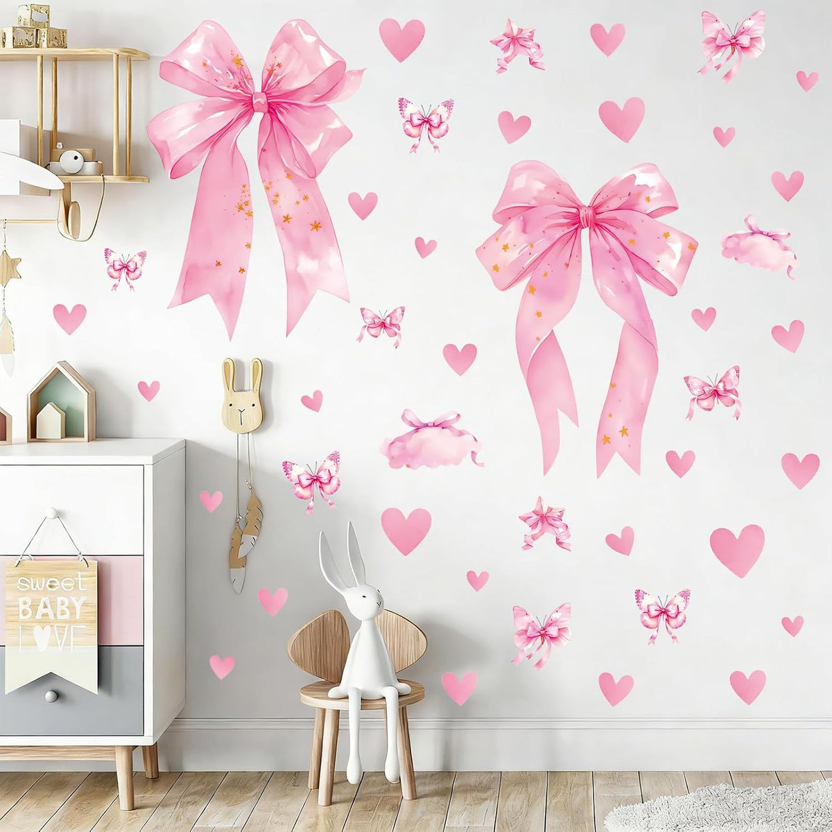Large Pink Bow Wall Decals, 6 Sheets 64 Pcs