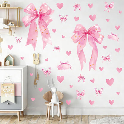 Large Pink Bow Wall Decals, 6 Sheets 64 Pcs
