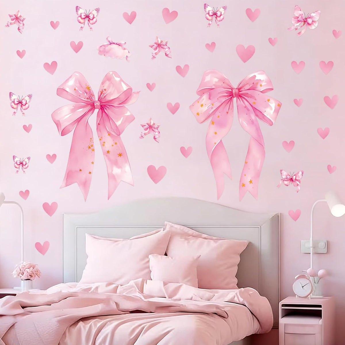 Large Pink Bow Wall Decals, 6 Sheets 64 Pcs