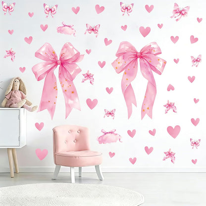 Large Pink Bow Wall Decals, 6 Sheets 64 Pcs