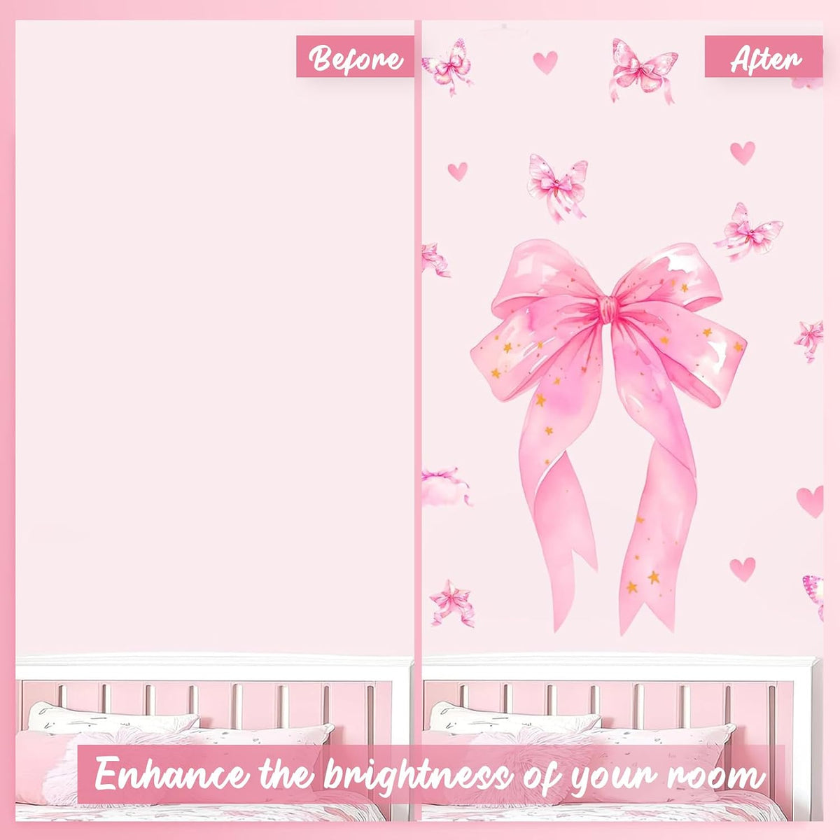 Large Pink Bow Wall Decals, 6 Sheets 64 Pcs