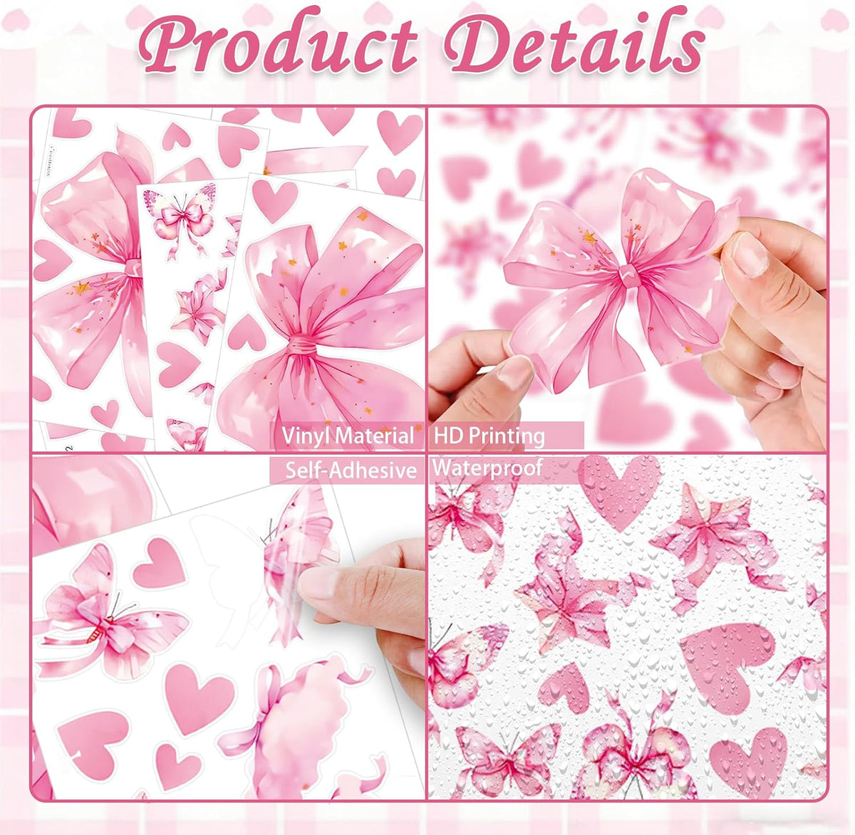 Large Pink Bow Wall Decals, 6 Sheets 64 Pcs