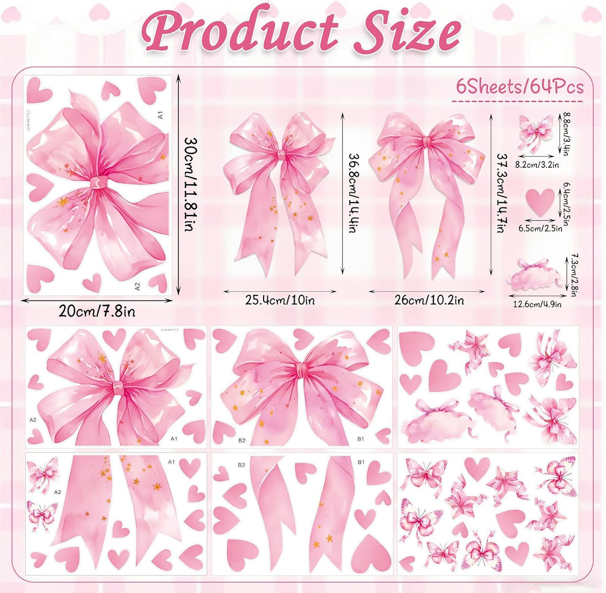 Large Pink Bow Wall Decals, 6 Sheets 64 Pcs