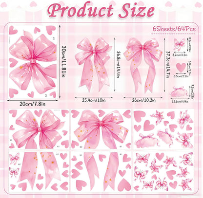 Large Pink Bow Wall Decals, 6 Sheets 64 Pcs