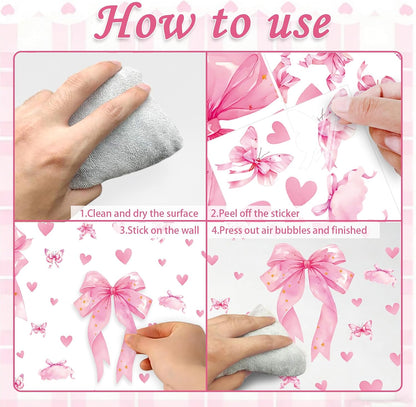 Large Pink Bow Wall Decals, 6 Sheets 64 Pcs