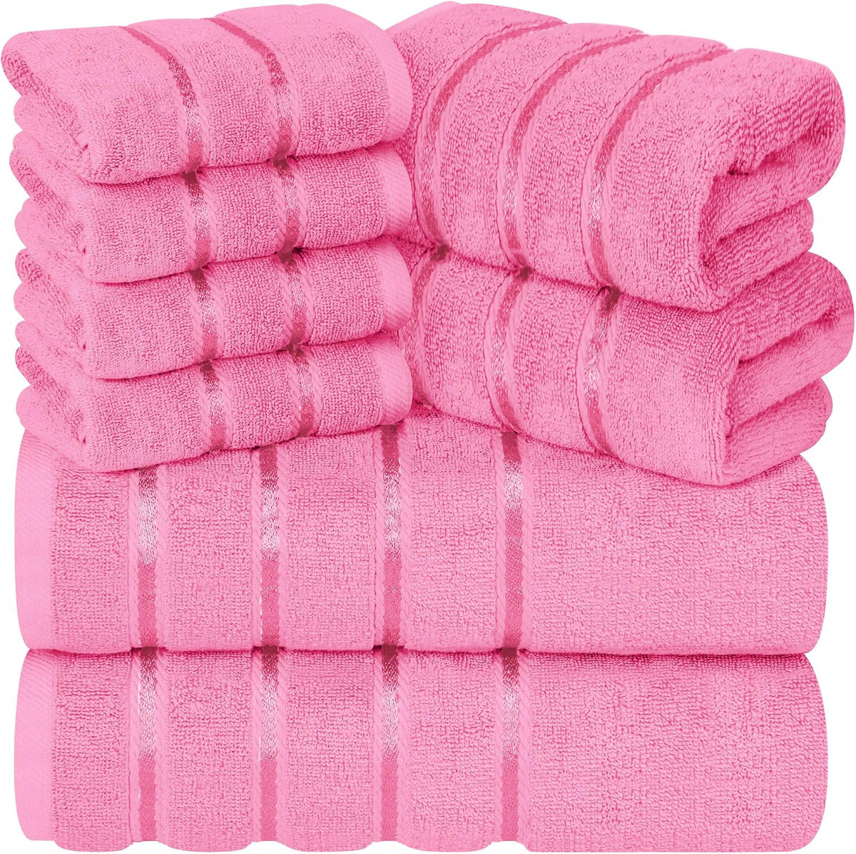 8 Piece Luxury Towel Set, 600 GSM Ring Spun Cotton, Soft & Absorbent Viscose Stripe Towels, 2 Bath, 2 Hand, and 4 Wash Cloths Ideal for Daily Use, Pink