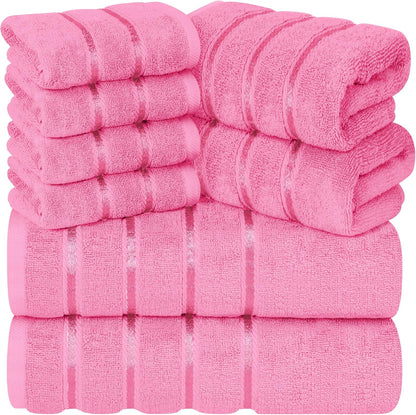8 Piece Luxury Towel Set, 600 GSM Ring Spun Cotton, Soft & Absorbent Viscose Stripe Towels, 2 Bath, 2 Hand, and 4 Wash Cloths Ideal for Daily Use, Pink