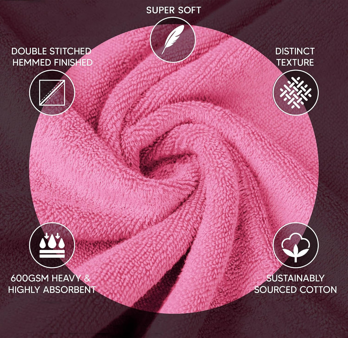 8 Piece Luxury Towel Set, 600 GSM Ring Spun Cotton, Soft & Absorbent Viscose Stripe Towels, 2 Bath, 2 Hand, and 4 Wash Cloths Ideal for Daily Use, Pink