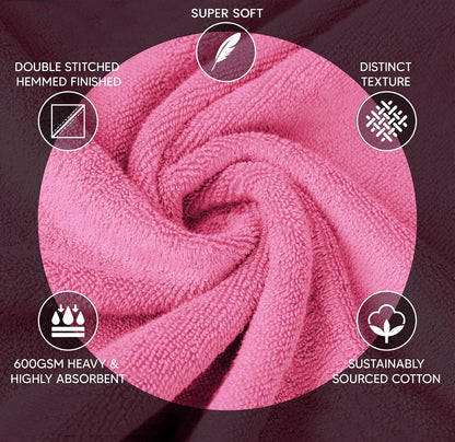 8 Piece Luxury Towel Set, 600 GSM Ring Spun Cotton, Soft & Absorbent Viscose Stripe Towels, 2 Bath, 2 Hand, and 4 Wash Cloths Ideal for Daily Use, Pink