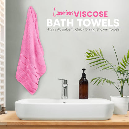 8 Piece Luxury Towel Set, 600 GSM Ring Spun Cotton, Soft & Absorbent Viscose Stripe Towels, 2 Bath, 2 Hand, and 4 Wash Cloths Ideal for Daily Use, Pink