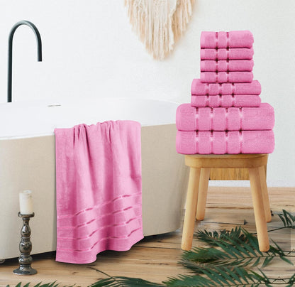 8 Piece Luxury Towel Set, 600 GSM Ring Spun Cotton, Soft & Absorbent Viscose Stripe Towels, 2 Bath, 2 Hand, and 4 Wash Cloths Ideal for Daily Use, Pink