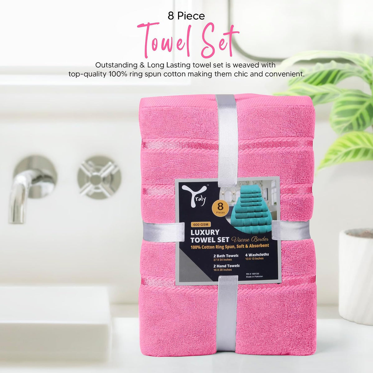 8 Piece Luxury Towel Set, 600 GSM Ring Spun Cotton, Soft & Absorbent Viscose Stripe Towels, 2 Bath, 2 Hand, and 4 Wash Cloths Ideal for Daily Use, Pink