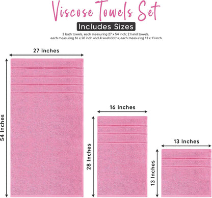 8 Piece Luxury Towel Set, 600 GSM Ring Spun Cotton, Soft & Absorbent Viscose Stripe Towels, 2 Bath, 2 Hand, and 4 Wash Cloths Ideal for Daily Use, Pink