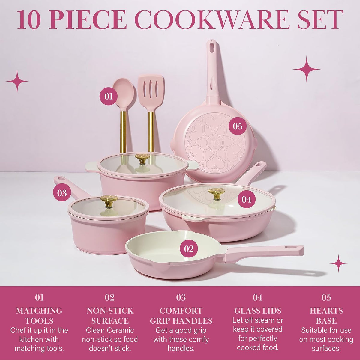 Paris Hilton Ceramic Nonstick Pots and Pans, Cookware Set, Cast Aluminum With Dual Layer Non Stick Coating, Made Without PFAS PFOA PFOS And PTFE, Dishwasher Safe, 10-Piece, Pink
