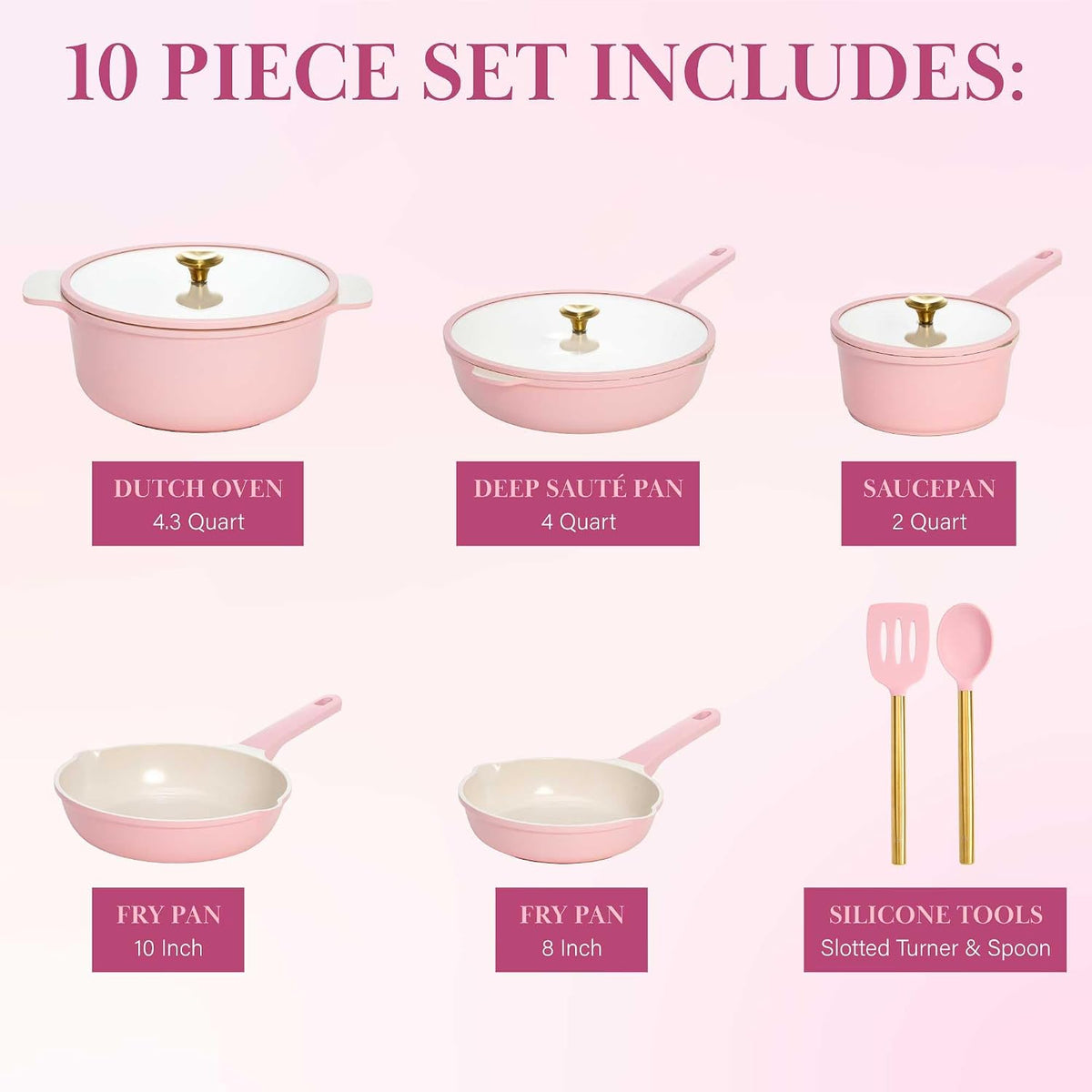 Paris Hilton Ceramic Nonstick Pots and Pans, Cookware Set, Cast Aluminum With Dual Layer Non Stick Coating, Made Without PFAS PFOA PFOS And PTFE, Dishwasher Safe, 10-Piece, Pink
