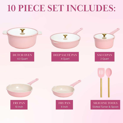 Paris Hilton Ceramic Nonstick Pots and Pans, Cookware Set, Cast Aluminum With Dual Layer Non Stick Coating, Made Without PFAS PFOA PFOS And PTFE, Dishwasher Safe, 10-Piece, Pink