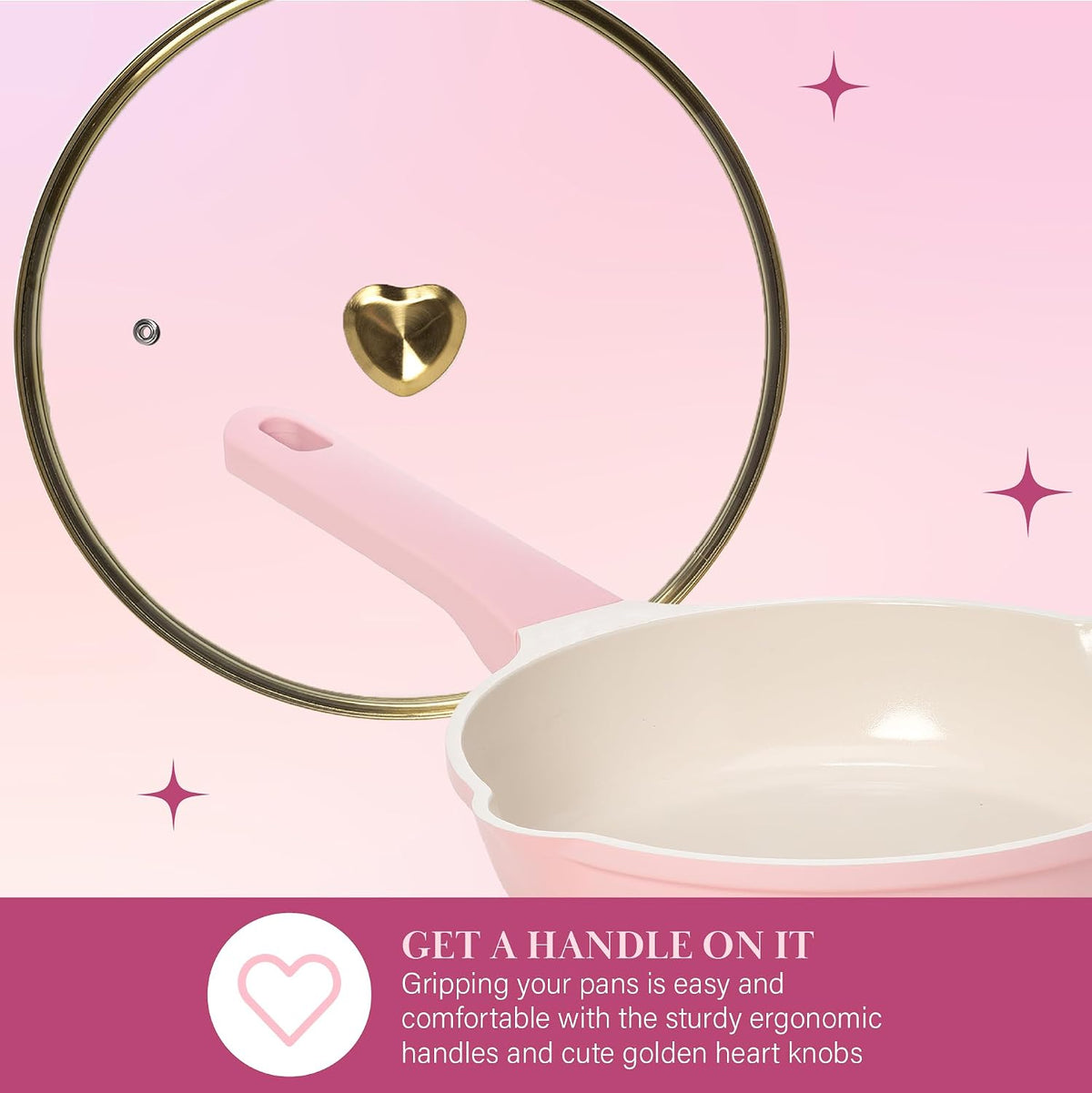 Paris Hilton Ceramic Nonstick Pots and Pans, Cookware Set, Cast Aluminum With Dual Layer Non Stick Coating, Made Without PFAS PFOA PFOS And PTFE, Dishwasher Safe, 10-Piece, Pink